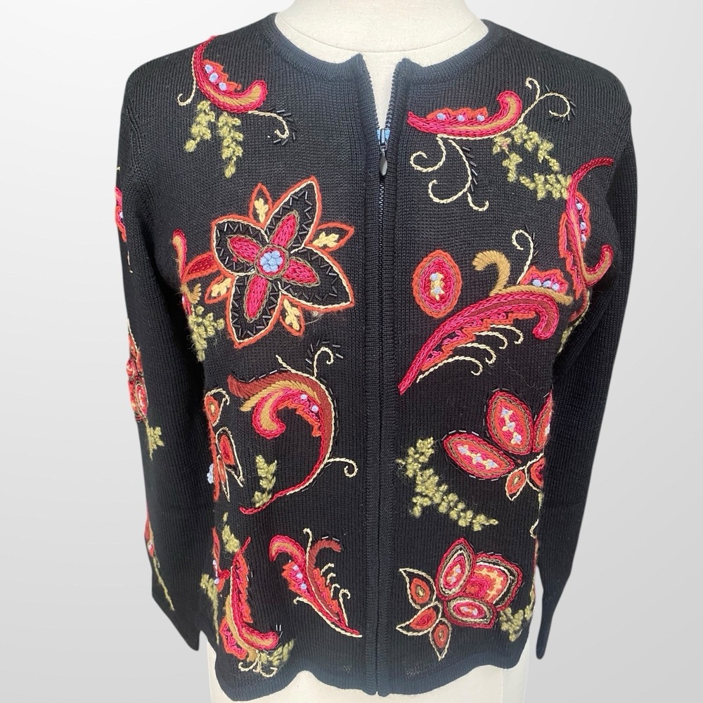 Talbots Petite Medium Cardigan Sweater Embroidered Beaded Wool Zip Front‎